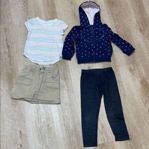 Girl’s 4T Skirt, Jeggings, Zip Up Sweashirt & Striped Tee Bundle